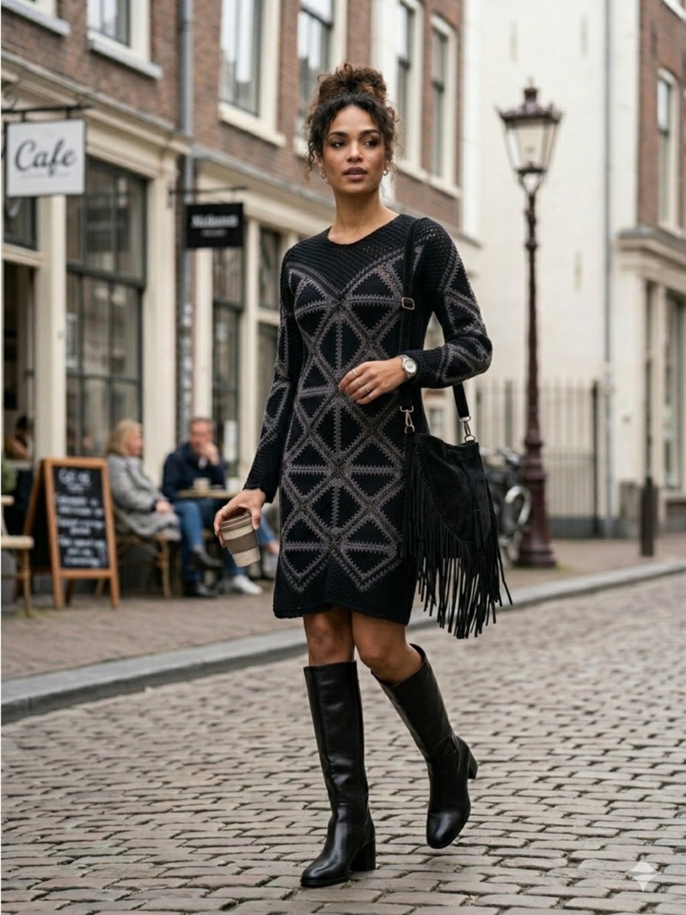 Line Black & Grey Geometric Crochet Knit Suede Sweater Dress - XS